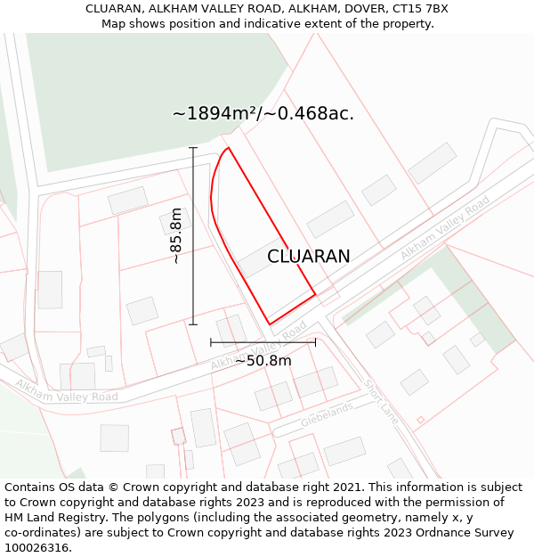 CLUARAN, ALKHAM VALLEY ROAD, ALKHAM, DOVER, CT15 7BX: Plot and title map