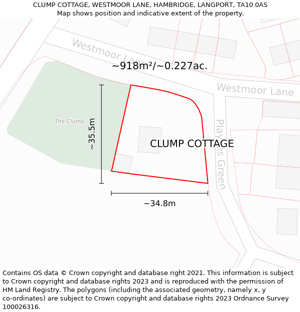 CLUMP COTTAGE, WESTMOOR LANE, HAMBRIDGE, LANGPORT, TA10 0AS: Plot and title map