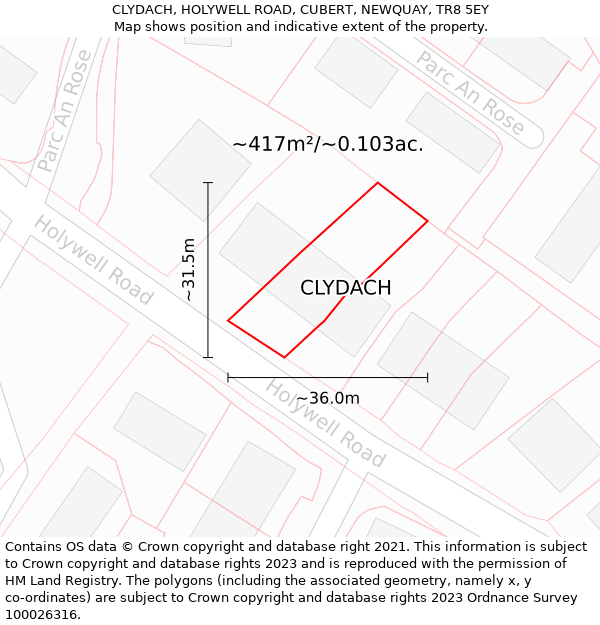 CLYDACH, HOLYWELL ROAD, CUBERT, NEWQUAY, TR8 5EY: Plot and title map