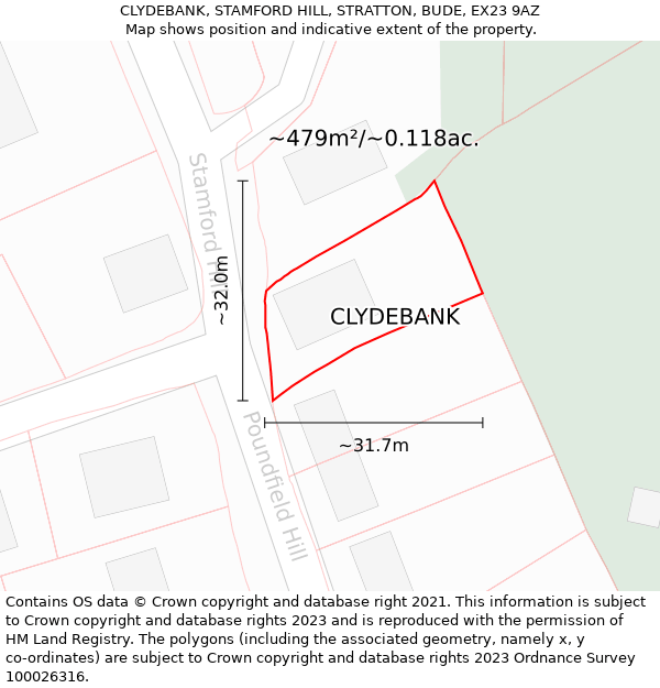 CLYDEBANK, STAMFORD HILL, STRATTON, BUDE, EX23 9AZ: Plot and title map