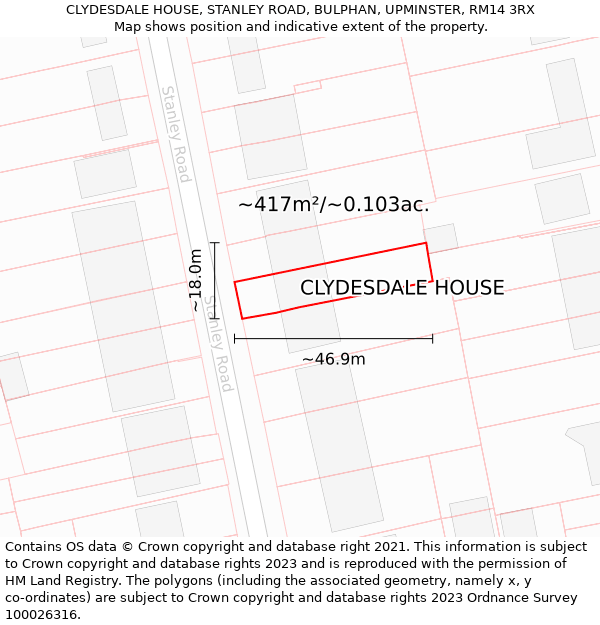 CLYDESDALE HOUSE, STANLEY ROAD, BULPHAN, UPMINSTER, RM14 3RX: Plot and title map