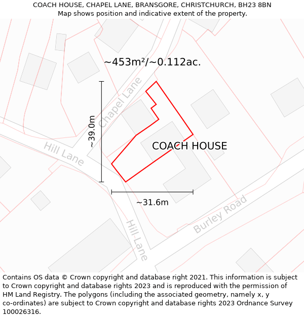 COACH HOUSE, CHAPEL LANE, BRANSGORE, CHRISTCHURCH, BH23 8BN: Plot and title map