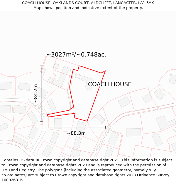 COACH HOUSE, OAKLANDS COURT, ALDCLIFFE, LANCASTER, LA1 5AX: Plot and title map