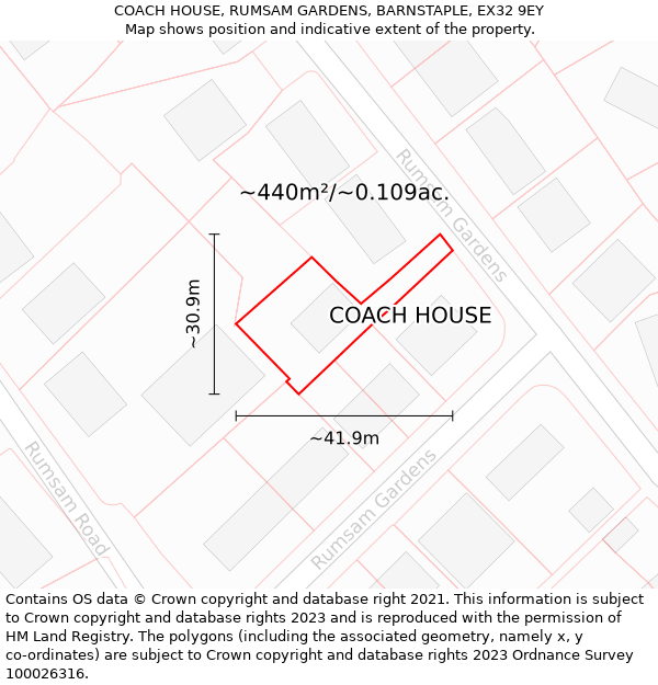 COACH HOUSE, RUMSAM GARDENS, BARNSTAPLE, EX32 9EY: Plot and title map