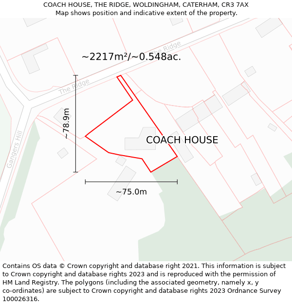 COACH HOUSE, THE RIDGE, WOLDINGHAM, CATERHAM, CR3 7AX: Plot and title map