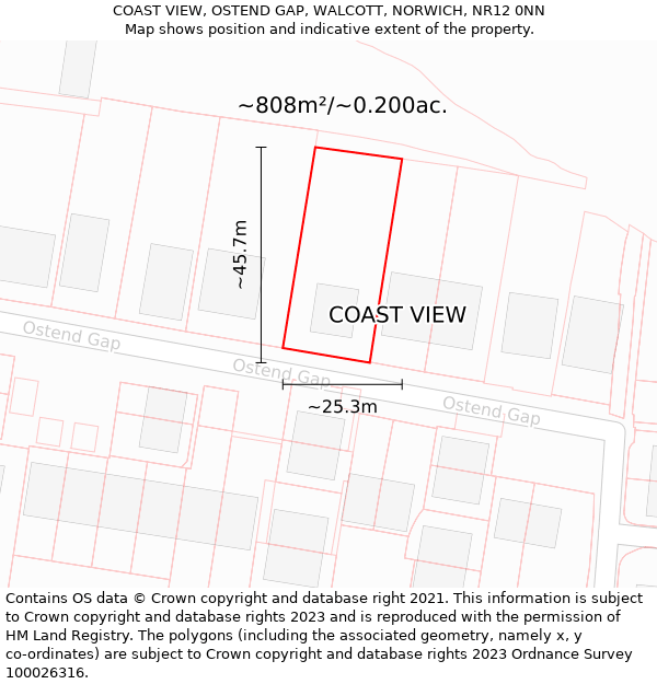 COAST VIEW, OSTEND GAP, WALCOTT, NORWICH, NR12 0NN: Plot and title map