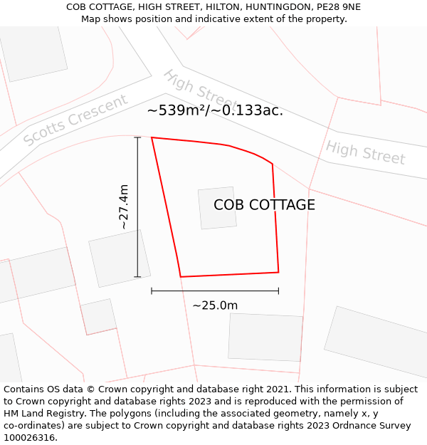 COB COTTAGE, HIGH STREET, HILTON, HUNTINGDON, PE28 9NE: Plot and title map