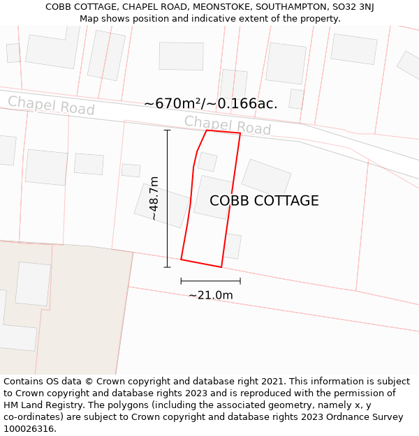 COBB COTTAGE, CHAPEL ROAD, MEONSTOKE, SOUTHAMPTON, SO32 3NJ: Plot and title map