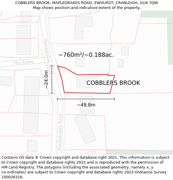 COBBLERS BROOK, MAPLEDRAKES ROAD, EWHURST, CRANLEIGH, GU6 7QW: Plot and title map