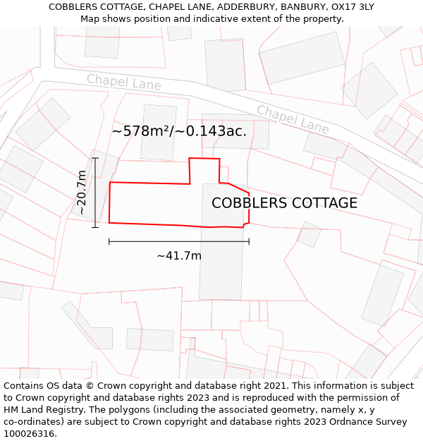 COBBLERS COTTAGE, CHAPEL LANE, ADDERBURY, BANBURY, OX17 3LY: Plot and title map