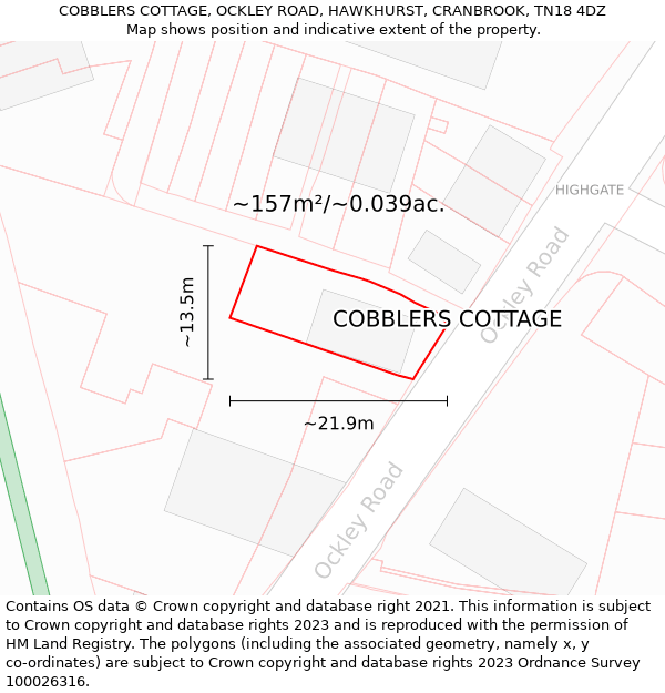 COBBLERS COTTAGE, OCKLEY ROAD, HAWKHURST, CRANBROOK, TN18 4DZ: Plot and title map