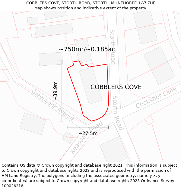 COBBLERS COVE, STORTH ROAD, STORTH, MILNTHORPE, LA7 7HF: Plot and title map