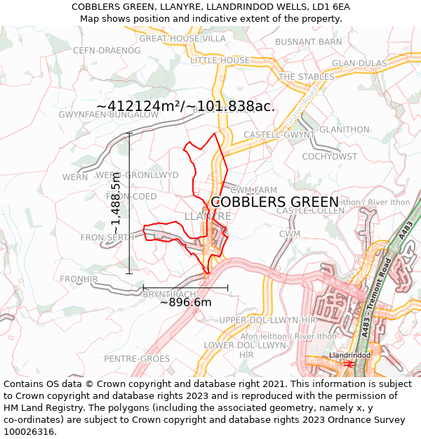 COBBLERS GREEN, LLANYRE, LLANDRINDOD WELLS, LD1 6EA: Plot and title map