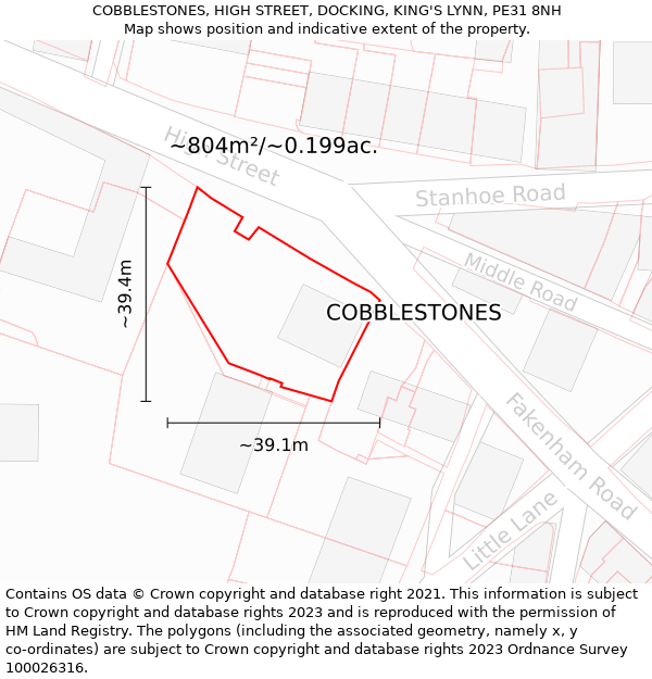 COBBLESTONES, HIGH STREET, DOCKING, KING'S LYNN, PE31 8NH: Plot and title map