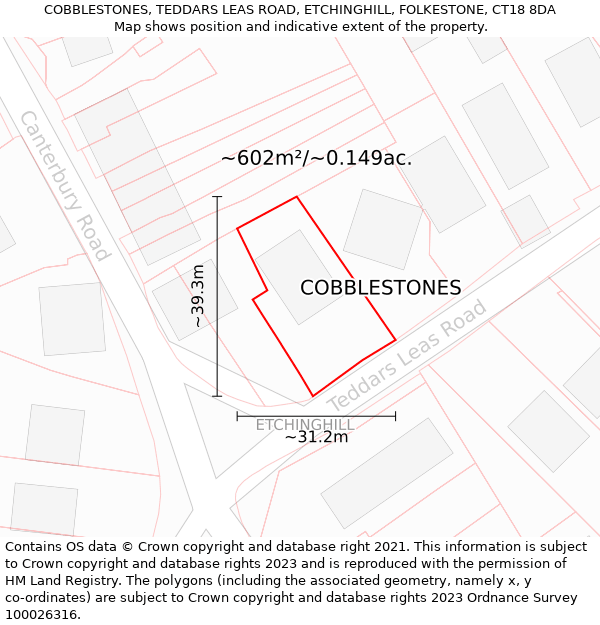 COBBLESTONES, TEDDARS LEAS ROAD, ETCHINGHILL, FOLKESTONE, CT18 8DA: Plot and title map