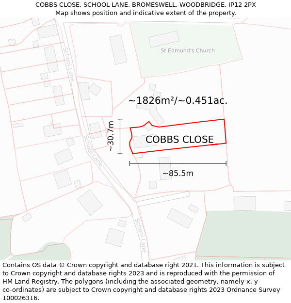 COBBS CLOSE, SCHOOL LANE, BROMESWELL, WOODBRIDGE, IP12 2PX: Plot and title map