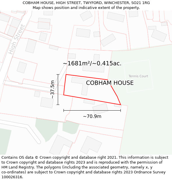 COBHAM HOUSE, HIGH STREET, TWYFORD, WINCHESTER, SO21 1RG: Plot and title map