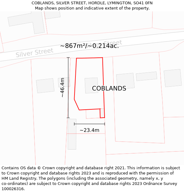 COBLANDS, SILVER STREET, HORDLE, LYMINGTON, SO41 0FN: Plot and title map