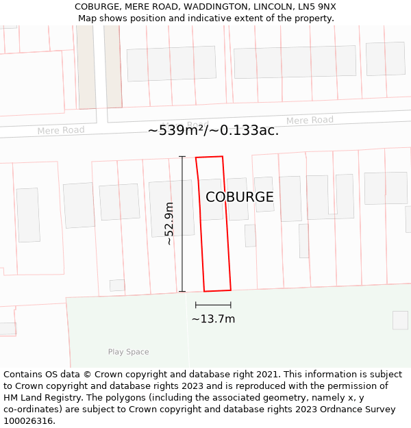 COBURGE, MERE ROAD, WADDINGTON, LINCOLN, LN5 9NX: Plot and title map