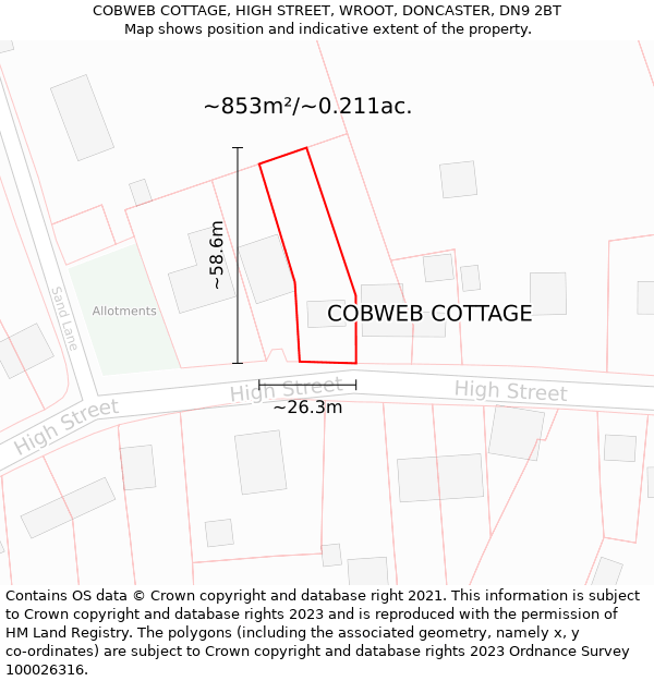 COBWEB COTTAGE, HIGH STREET, WROOT, DONCASTER, DN9 2BT: Plot and title map