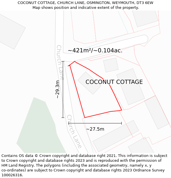 COCONUT COTTAGE, CHURCH LANE, OSMINGTON, WEYMOUTH, DT3 6EW: Plot and title map