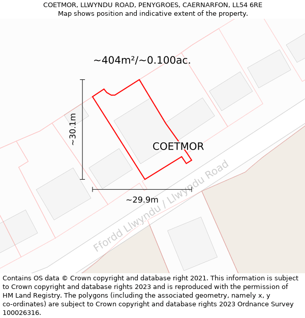 COETMOR, LLWYNDU ROAD, PENYGROES, CAERNARFON, LL54 6RE: Plot and title map