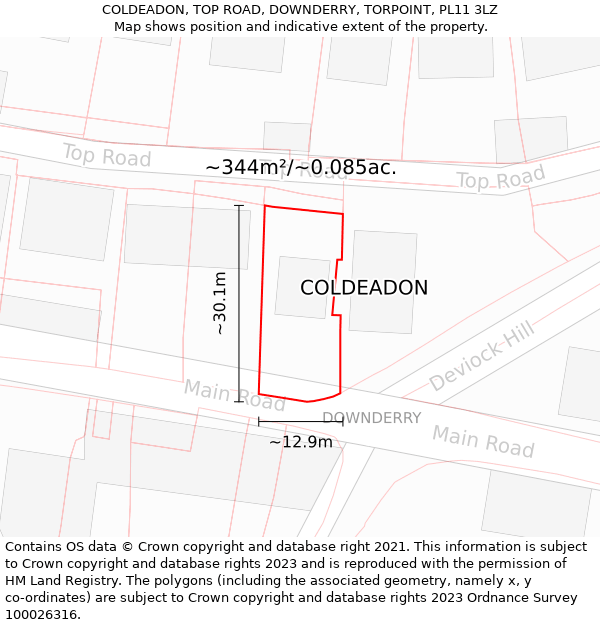 COLDEADON, TOP ROAD, DOWNDERRY, TORPOINT, PL11 3LZ: Plot and title map