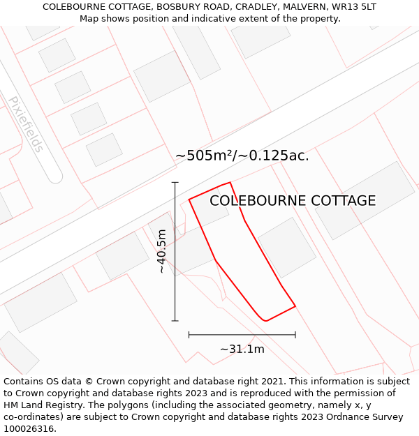 COLEBOURNE COTTAGE, BOSBURY ROAD, CRADLEY, MALVERN, WR13 5LT: Plot and title map