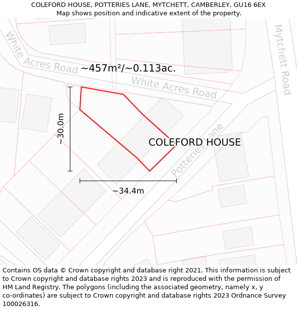 COLEFORD HOUSE, POTTERIES LANE, MYTCHETT, CAMBERLEY, GU16 6EX: Plot and title map