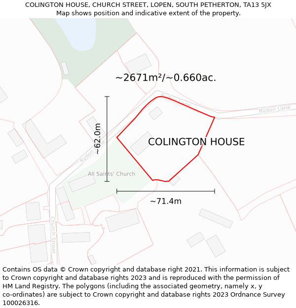 COLINGTON HOUSE, CHURCH STREET, LOPEN, SOUTH PETHERTON, TA13 5JX: Plot and title map
