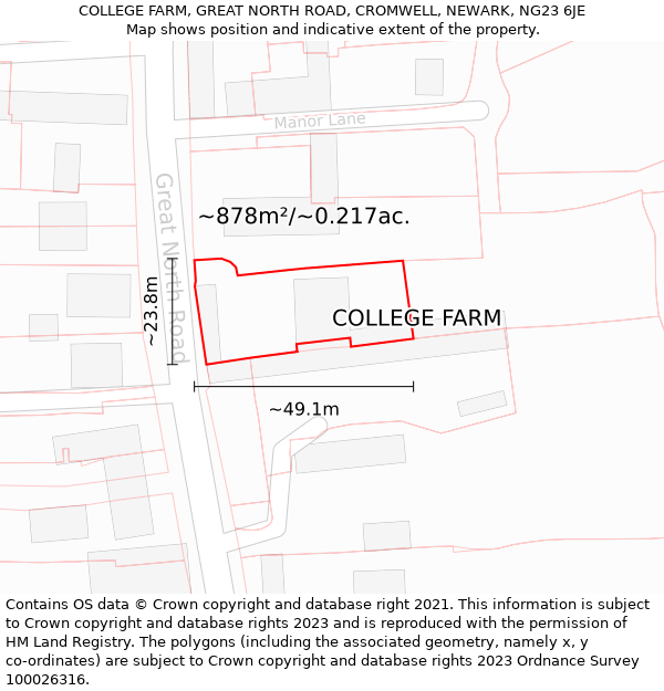 COLLEGE FARM, GREAT NORTH ROAD, CROMWELL, NEWARK, NG23 6JE: Plot and title map