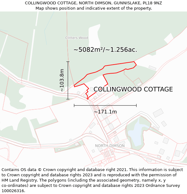 COLLINGWOOD COTTAGE, NORTH DIMSON, GUNNISLAKE, PL18 9NZ: Plot and title map