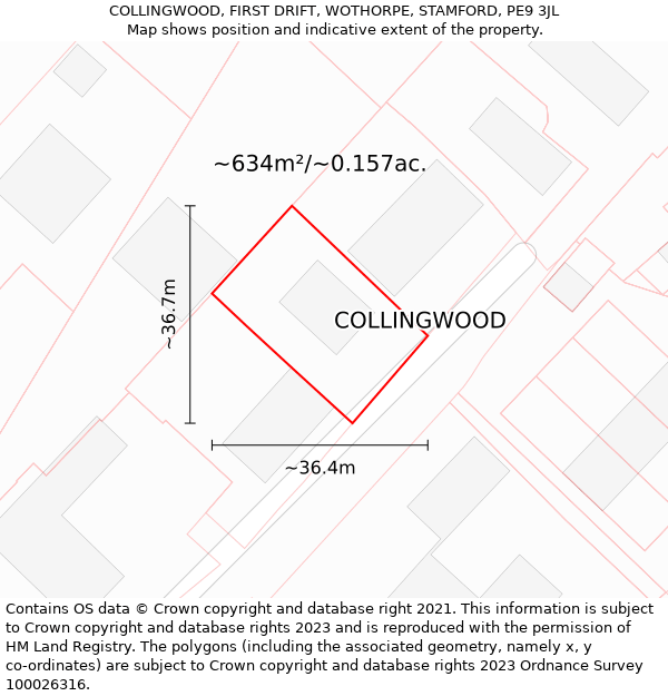 COLLINGWOOD, FIRST DRIFT, WOTHORPE, STAMFORD, PE9 3JL: Plot and title map