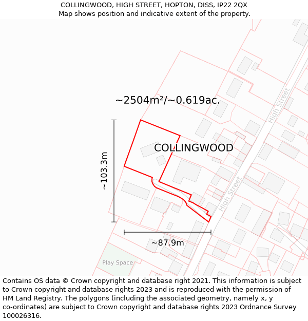 COLLINGWOOD, HIGH STREET, HOPTON, DISS, IP22 2QX: Plot and title map