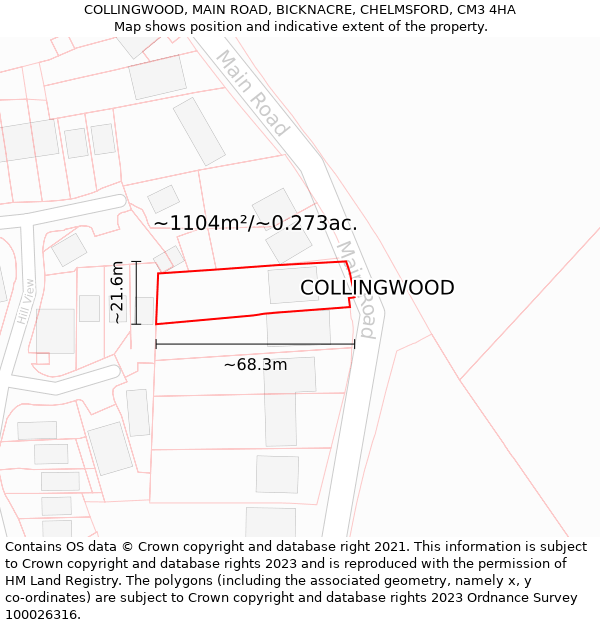 COLLINGWOOD, MAIN ROAD, BICKNACRE, CHELMSFORD, CM3 4HA: Plot and title map