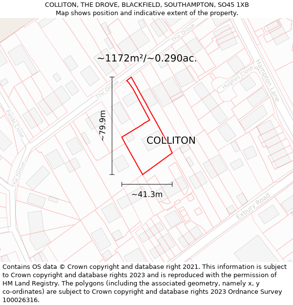 COLLITON, THE DROVE, BLACKFIELD, SOUTHAMPTON, SO45 1XB: Plot and title map