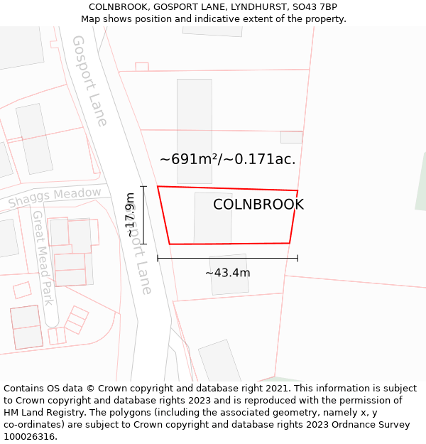 COLNBROOK, GOSPORT LANE, LYNDHURST, SO43 7BP: Plot and title map