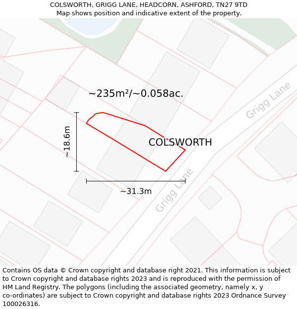 COLSWORTH, GRIGG LANE, HEADCORN, ASHFORD, TN27 9TD: Plot and title map