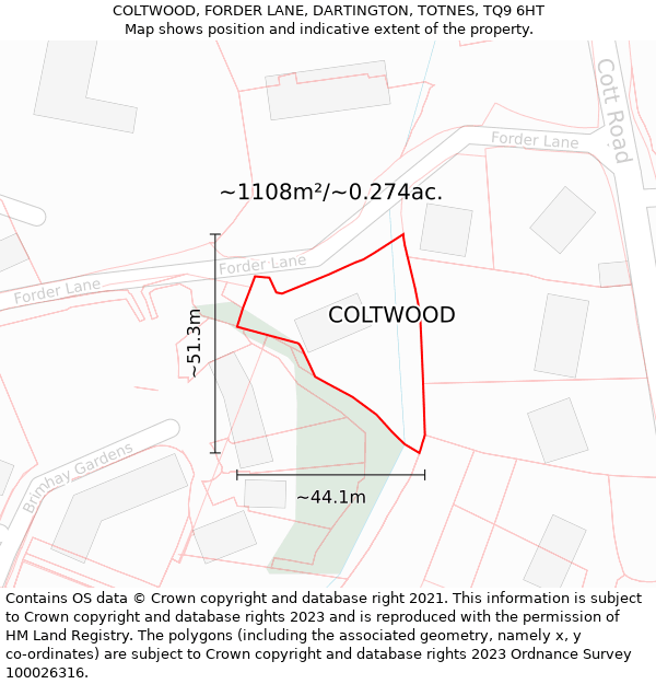 COLTWOOD, FORDER LANE, DARTINGTON, TOTNES, TQ9 6HT: Plot and title map