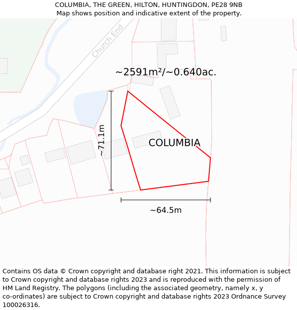 COLUMBIA, THE GREEN, HILTON, HUNTINGDON, PE28 9NB: Plot and title map