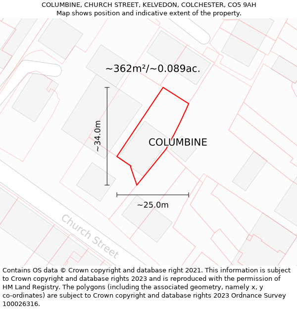 COLUMBINE, CHURCH STREET, KELVEDON, COLCHESTER, CO5 9AH: Plot and title map