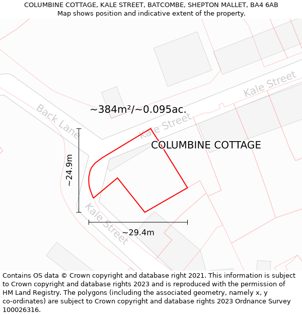 COLUMBINE COTTAGE, KALE STREET, BATCOMBE, SHEPTON MALLET, BA4 6AB: Plot and title map