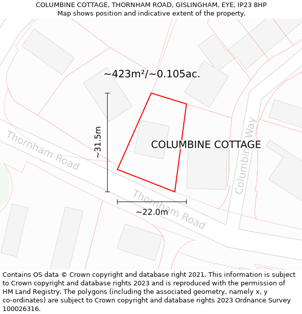 COLUMBINE COTTAGE, THORNHAM ROAD, GISLINGHAM, EYE, IP23 8HP: Plot and title map