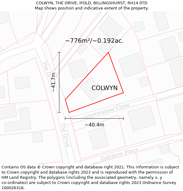 COLWYN, THE DRIVE, IFOLD, BILLINGSHURST, RH14 0TD: Plot and title map