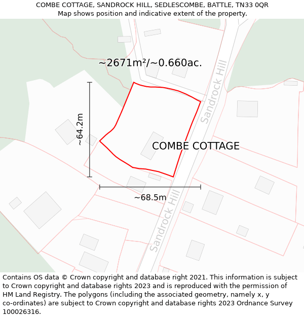 COMBE COTTAGE, SANDROCK HILL, SEDLESCOMBE, BATTLE, TN33 0QR: Plot and title map