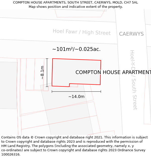 COMPTON HOUSE APARTMENTS, SOUTH STREET, CAERWYS, MOLD, CH7 5AL: Plot and title map