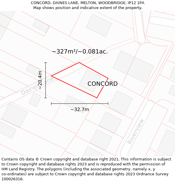 CONCORD, DAINES LANE, MELTON, WOODBRIDGE, IP12 1PA: Plot and title map