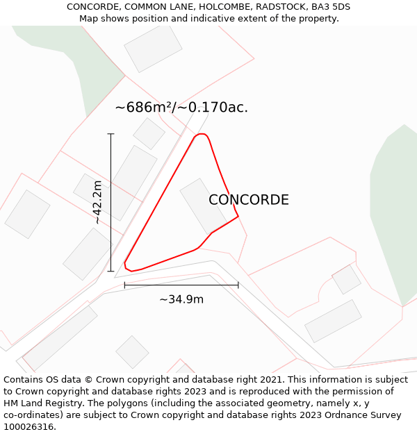 CONCORDE, COMMON LANE, HOLCOMBE, RADSTOCK, BA3 5DS: Plot and title map