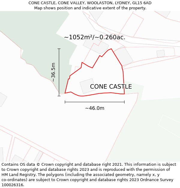 CONE CASTLE, CONE VALLEY, WOOLASTON, LYDNEY, GL15 6AD: Plot and title map