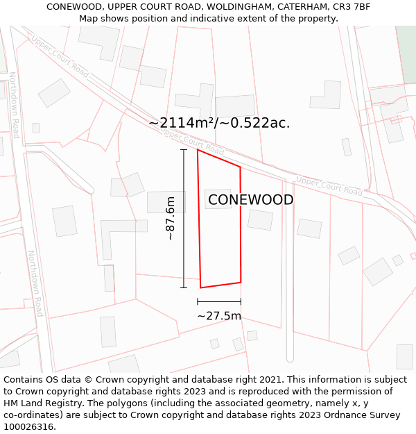 CONEWOOD, UPPER COURT ROAD, WOLDINGHAM, CATERHAM, CR3 7BF: Plot and title map